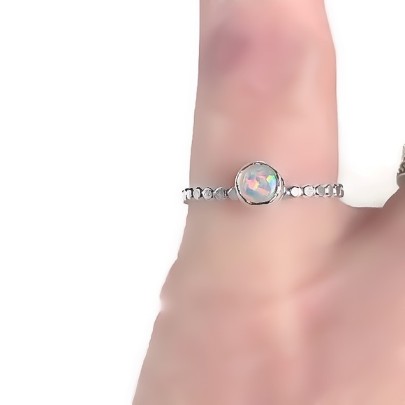 (2-13) 925 Sterling Silver 5MM Australian White Fire Opal Beaded Band Ring - Picture 6 of 15